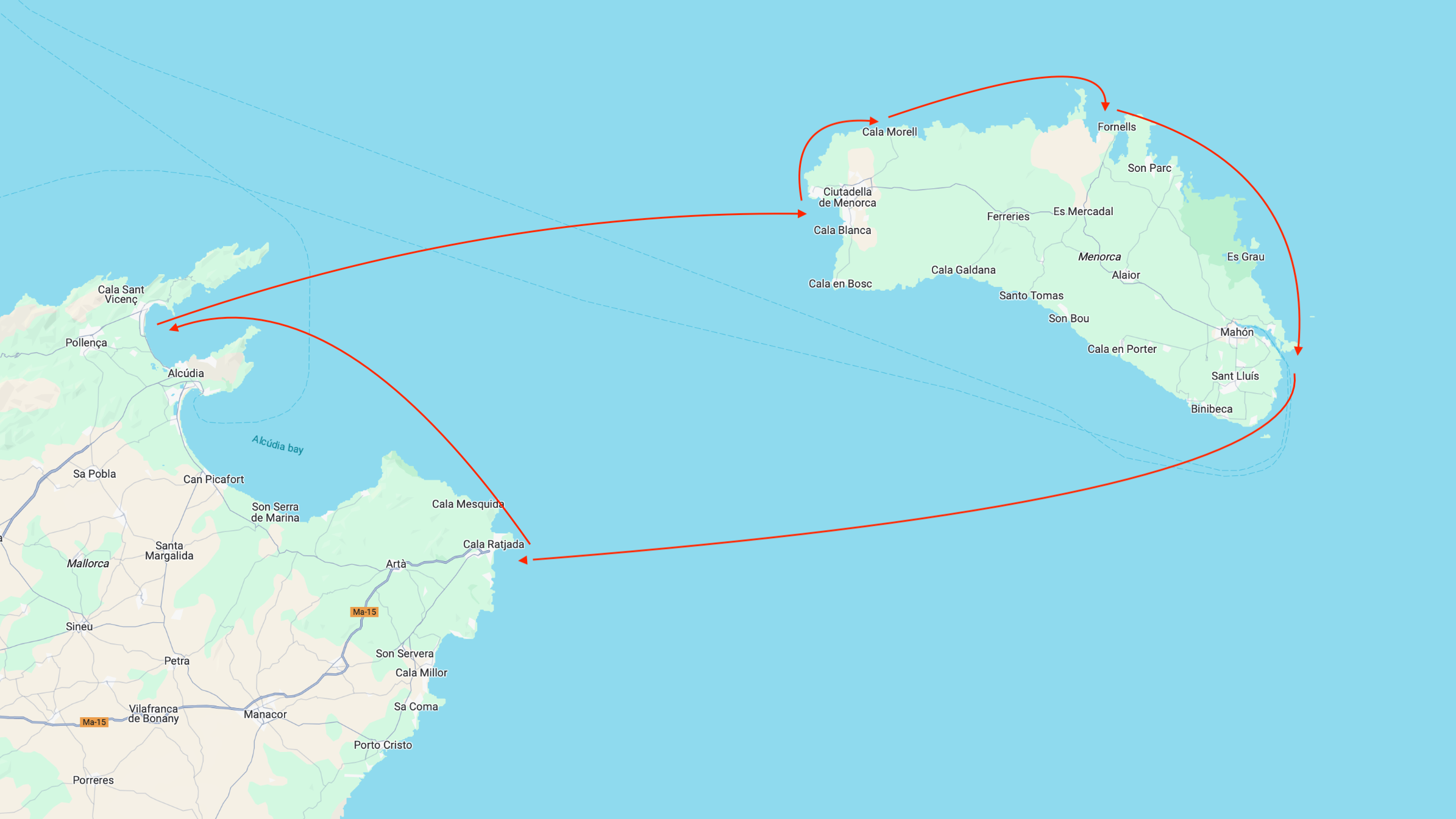 Mallorca - Menorca Sailing Route