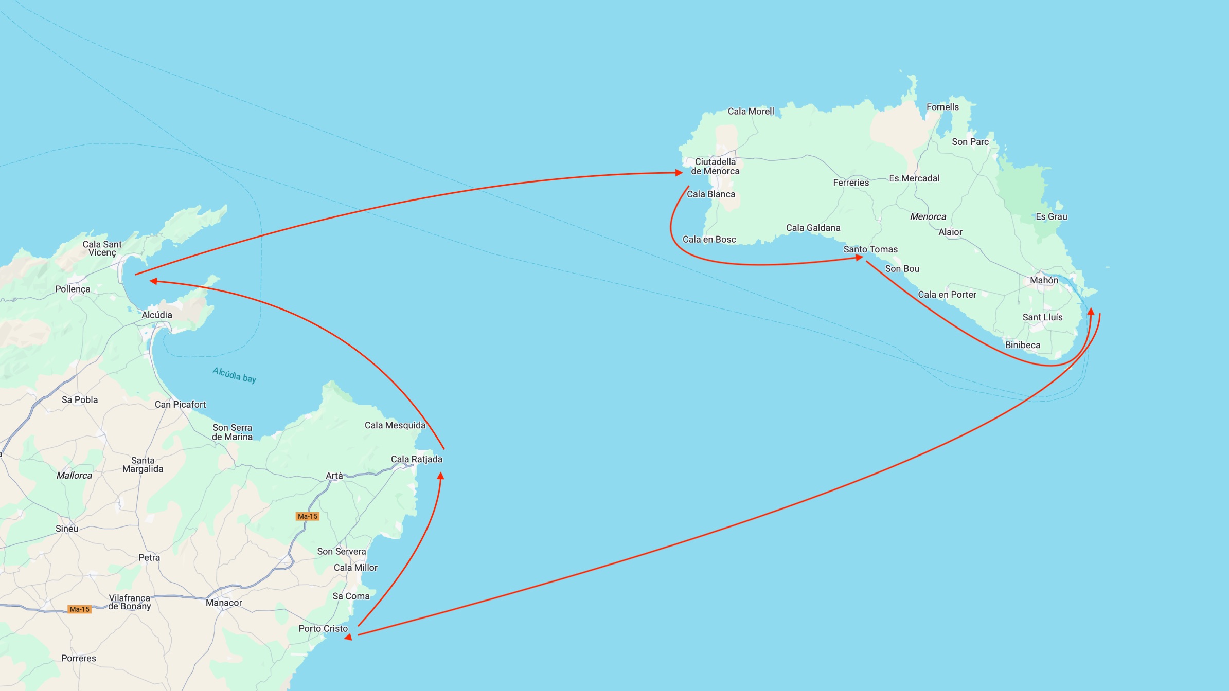 Mallorca - Menorca Sailing Route